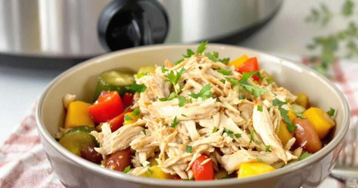 Bowl of healthy crockpot chicken with colorful vegetables.