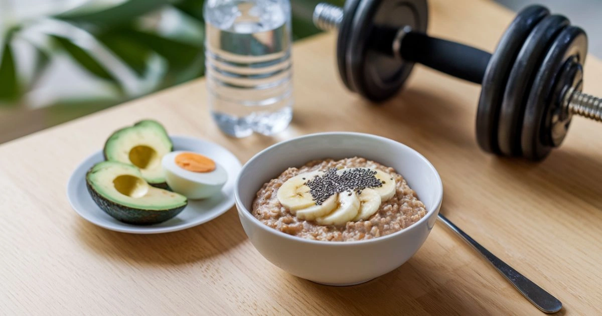 A nutritious pre-training meals consisting of oatmeal topped with banana slices and chia seeds, a halved avocado, a boiled egg, and a bottle of water, with a dumbbell on a wooden table.